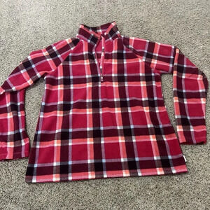 Eddie Bauer Pullover Womens Large Blue Red Plaid 1/4 Zip Sherpa‎ Aztec Soft